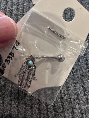 Sterling-Style Hamsa Belly Ring with Turquoise Accent